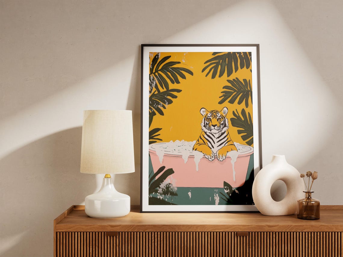 Tiger Bubble Bath Pink Tub Mustard Monstera Leaf Wall Poster - Image 5