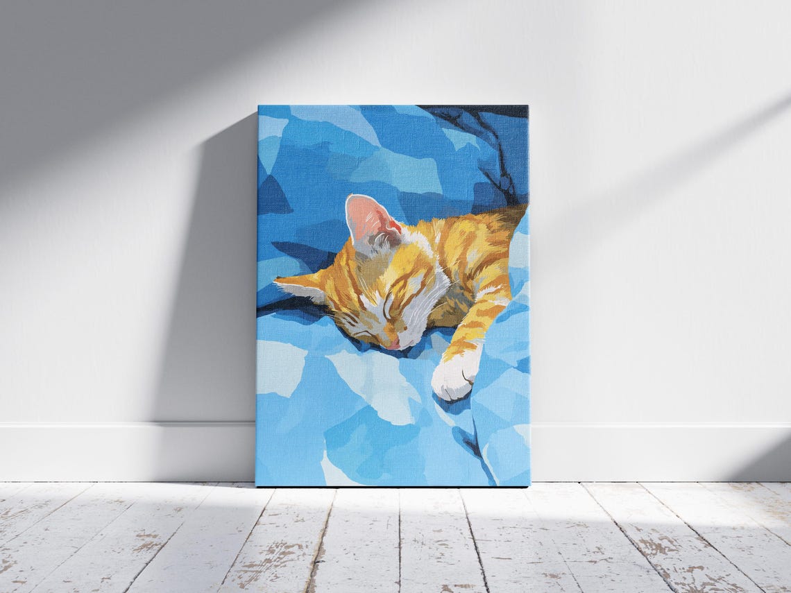 Orange Kitten Sleeping on Blue Blanket Cute Cozy Cat Art Poster - Image 2