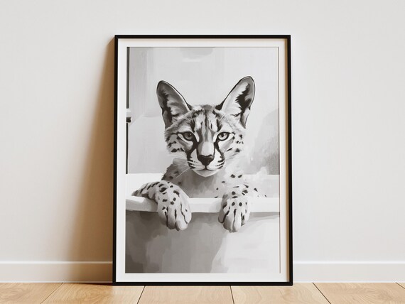 Serval Cat In Bathtub Poster Spotted Wild Cat Bathroom Wall Decor