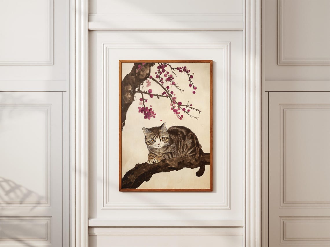 Tabby Cat Resting on Plum Blossom Branch Ink Wash Style Art Poster - Image 2