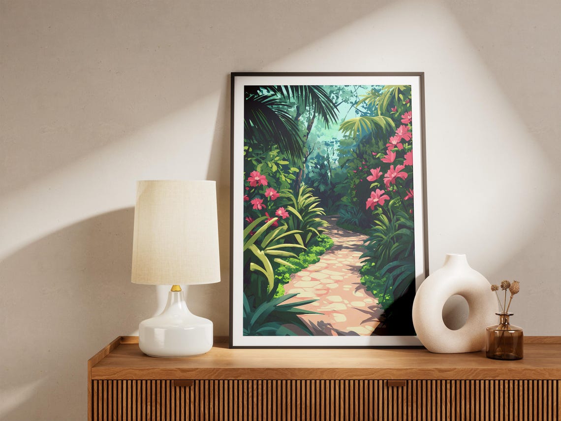 Pink Hibiscus Jungle Path Poster in a Tropical Green Paradise Scene - Image 5