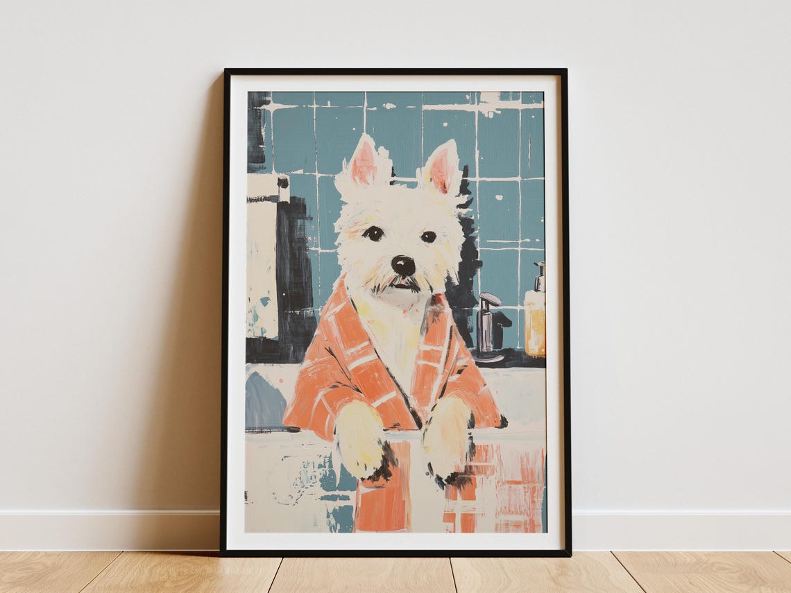 Westie Dog in Orange Plaid Bathrobe Teal Tile Bathroom Poster