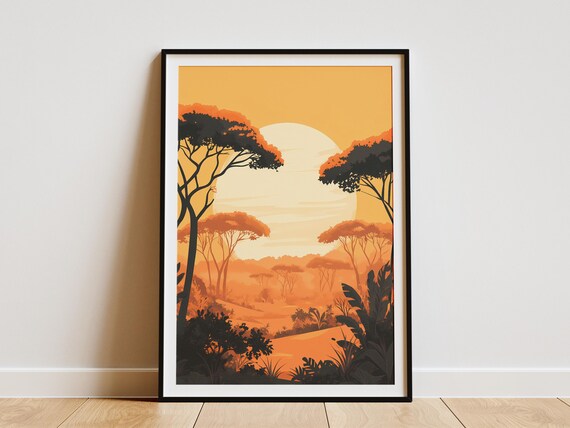African Safari Sunset Acacia Trees Golden Savanna Landscape Poster
