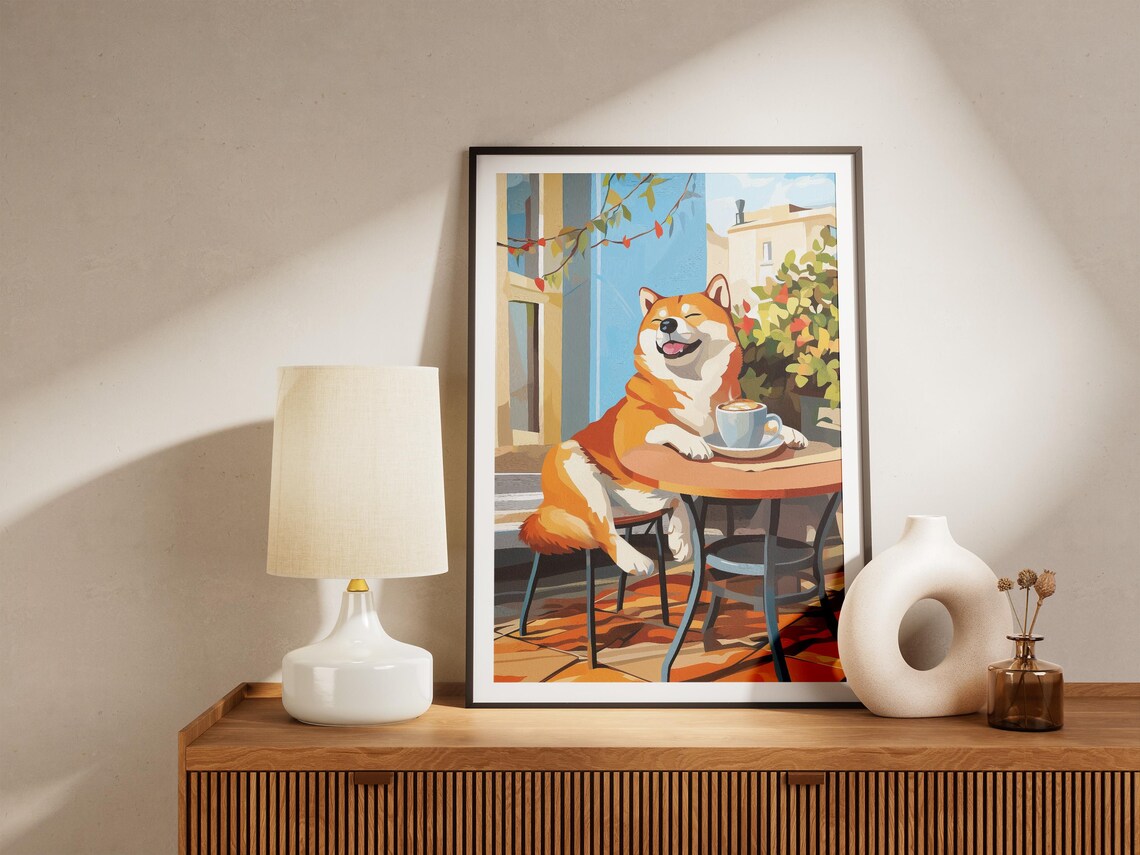 Smiling Shiba Inu Dog With Cappuccino Outdoor Cafe Art Poster - Image 4