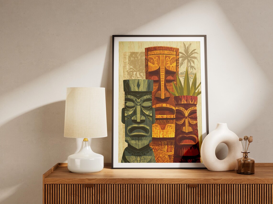Tiki Gods Hawaiian Tribal Pattern Poster, Vintage - Image 4