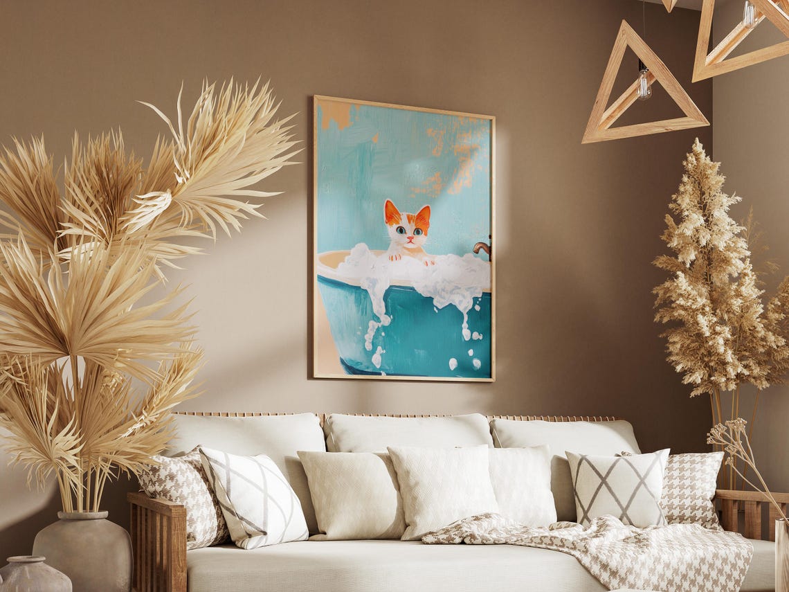 Orange White Kitten Foamy Bubble Bath Teal Tub Cute Art Poster - Image 3
