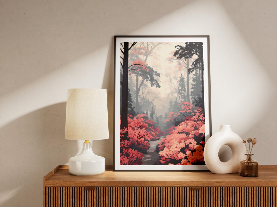 Red Azalea Bushes on a Misty Forest Trail Poster With Autumn Trees - Image 5