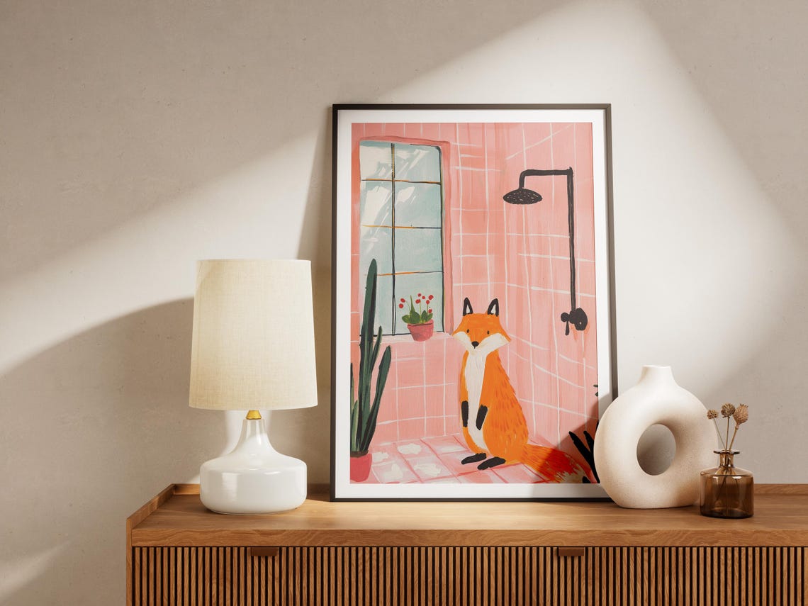 Fox in a Pink Tiled Shower Cute Animal Bathroom Decor Poster - Image 4