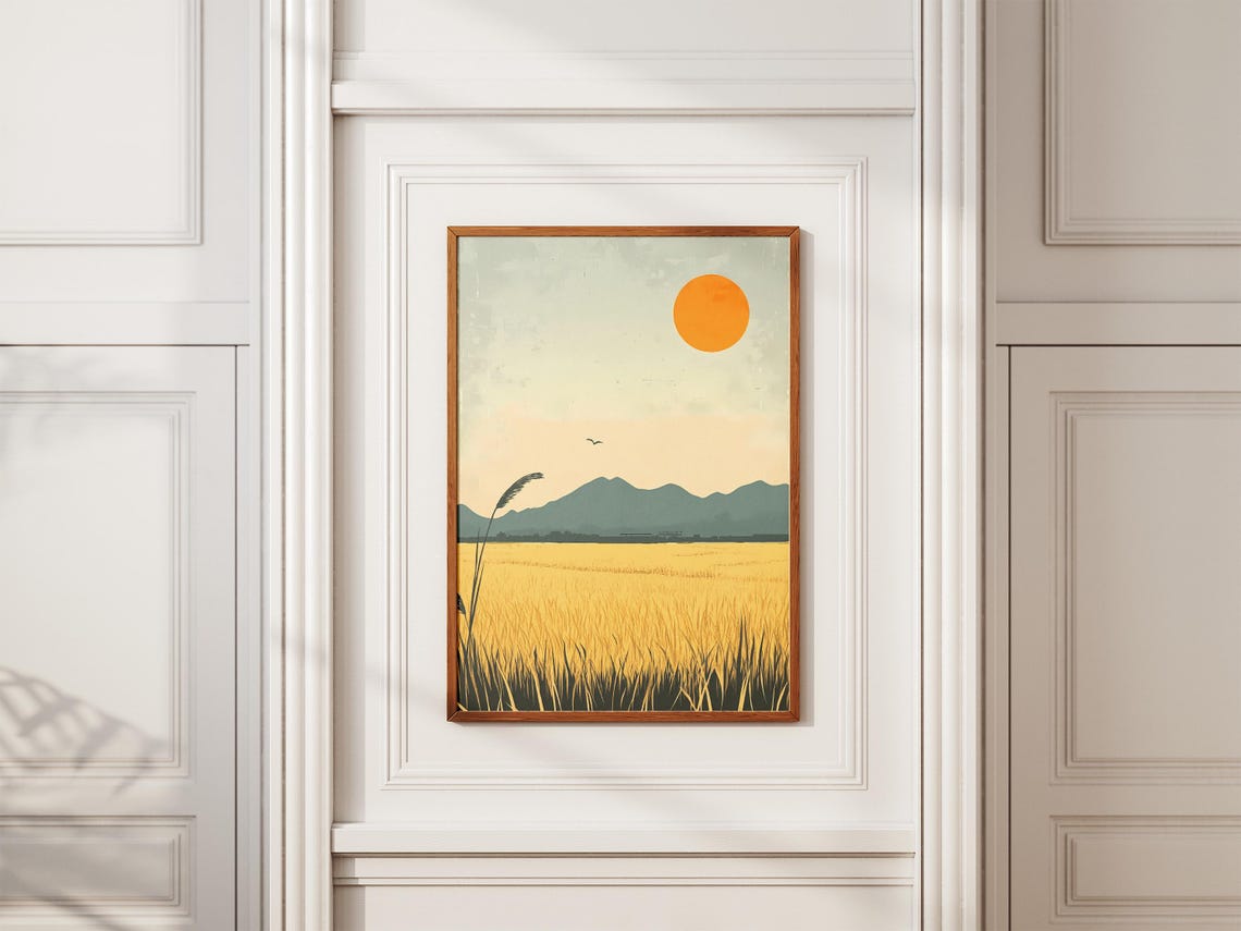 Golden Rice Field Under Orange Sun Minimalist Farm Scene Poster - Image 2