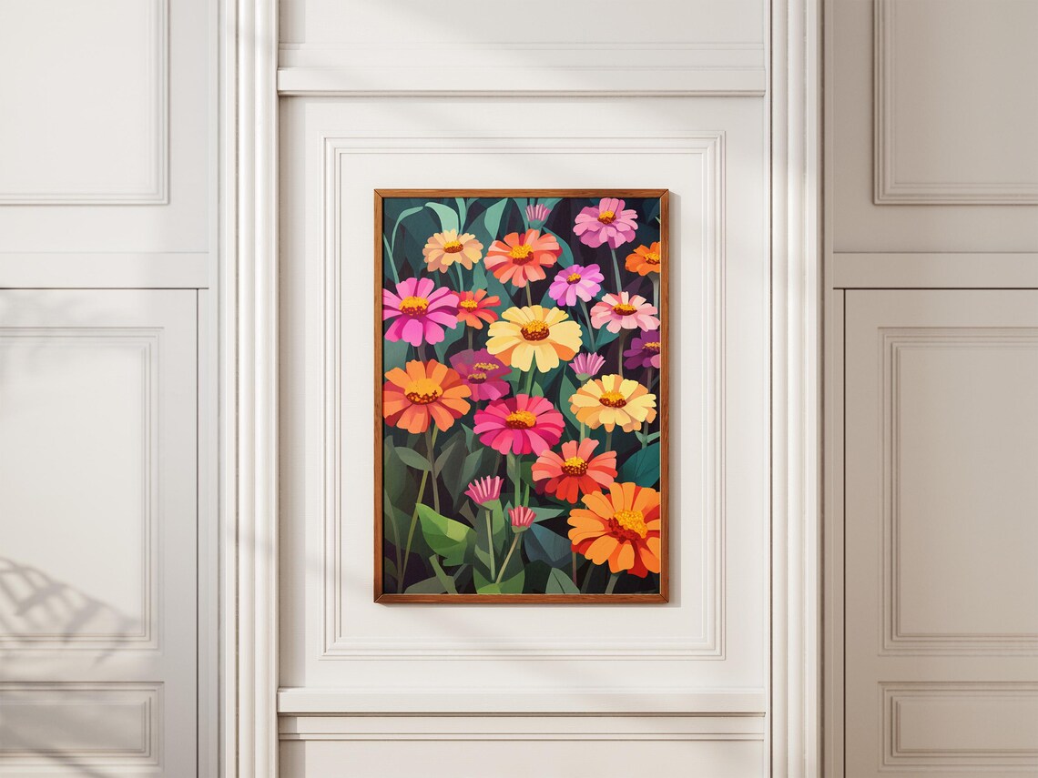 Vibrant Zinnia Flower Garden Poster in Bold Pink Orange and Yellow - Image 2