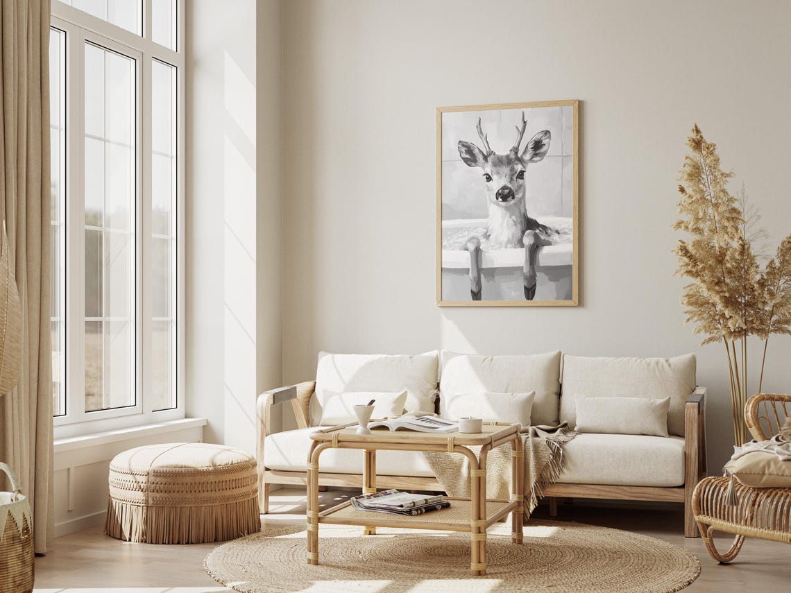 Deer With Antlers In A Bubble Bath Black And White Cute Art Poster - Image 3