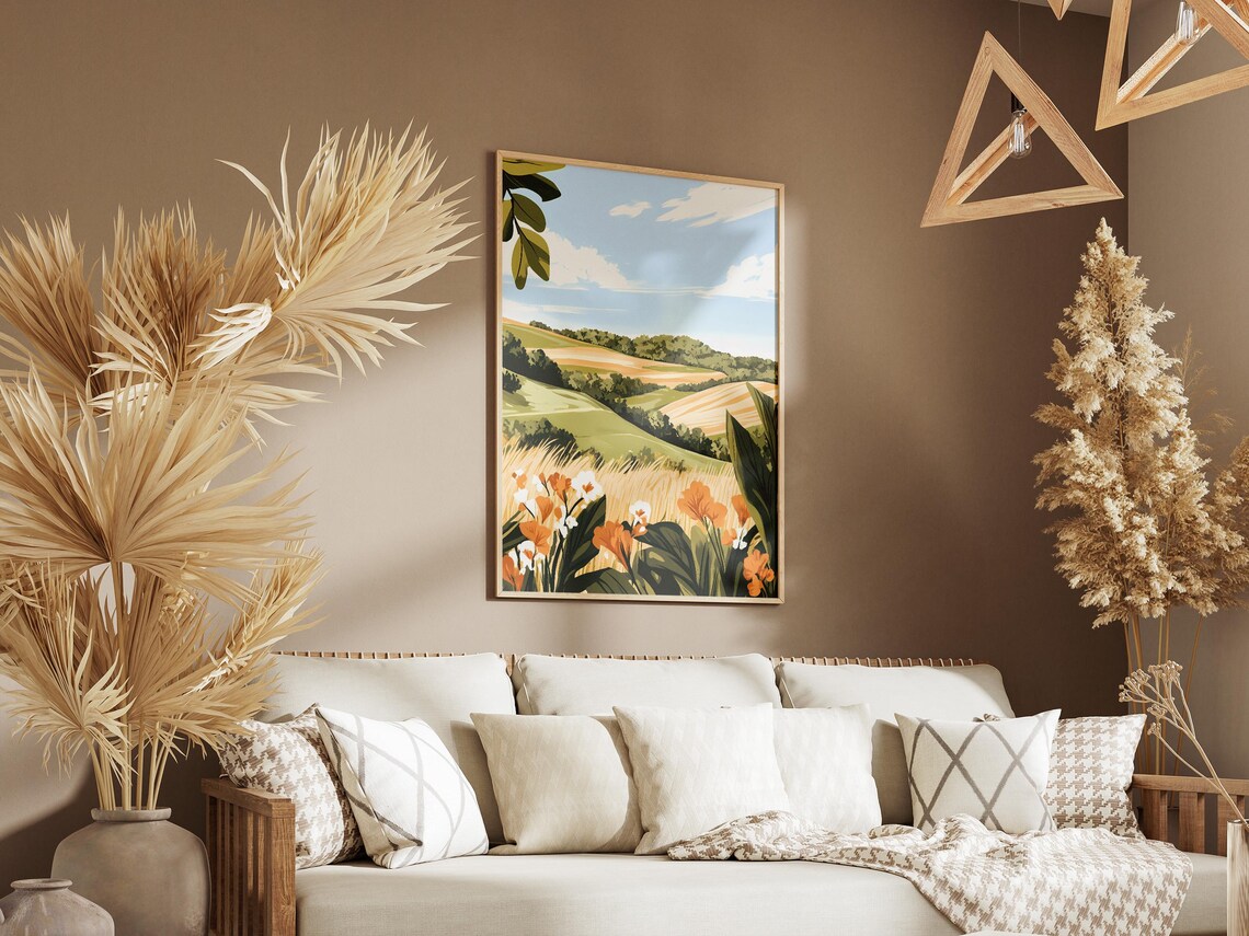Green Valley Hills With Orange Wildflowers Spring Scene Poster - Image 3
