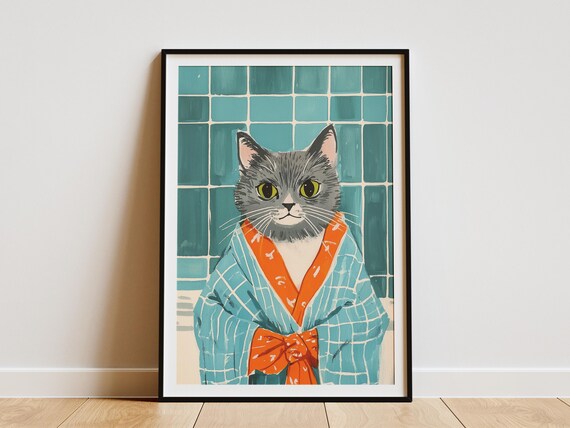 Gray Cat In Blue Robe Poster Funny Whimsical Pet Art For Bathroom Decor