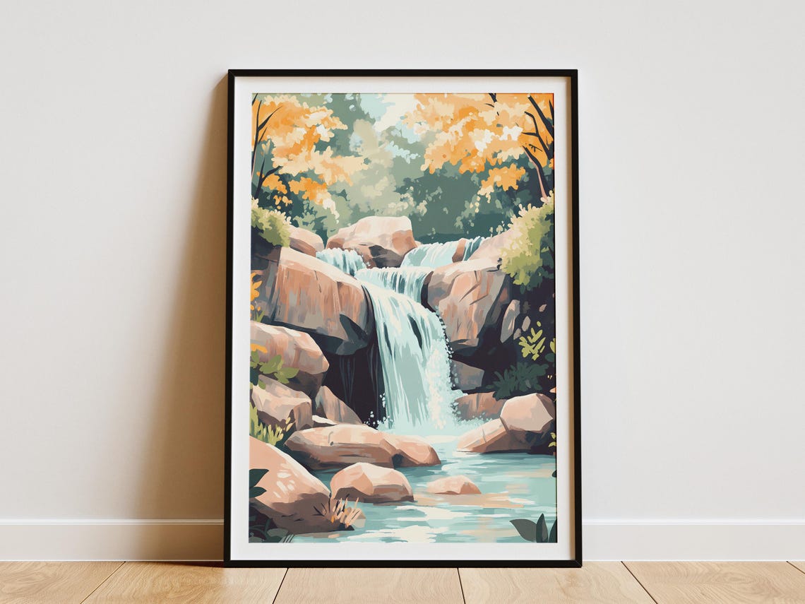 Forest Waterfall Cascading Over Rocks in an Autumn Wood Poster