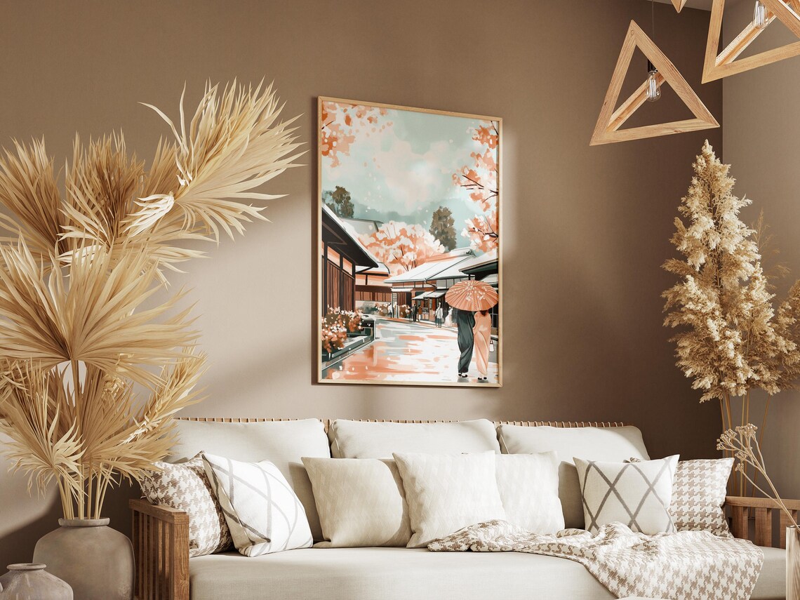 Japanese Village Street Poster Cherry Blossom Art Print Pink Peach Minimalist Landscape Asian Town Scene Watercolor Style Modern Home Decor - Image 3
