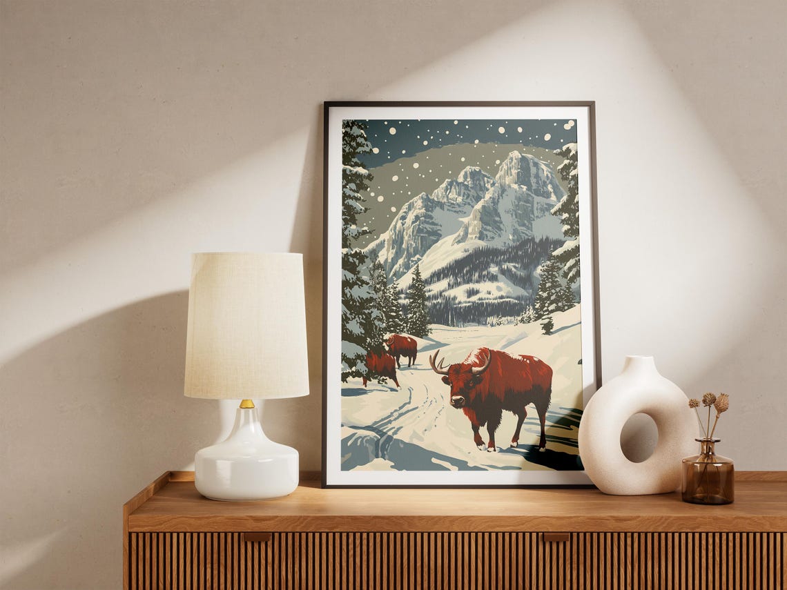 Theodore Roosevelt National Park Bison Winter Snow Poster Vintage Travel Print National Park Art Wildlife Landscape Festive Holiday Decor - Image 5