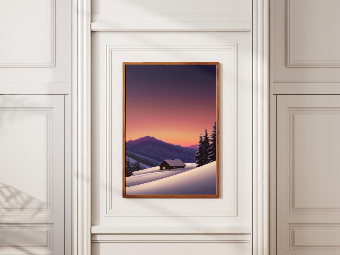 Cozy Glowing Winter Cabin Under Purple Sunset Snowy Hills Poster - Image 2