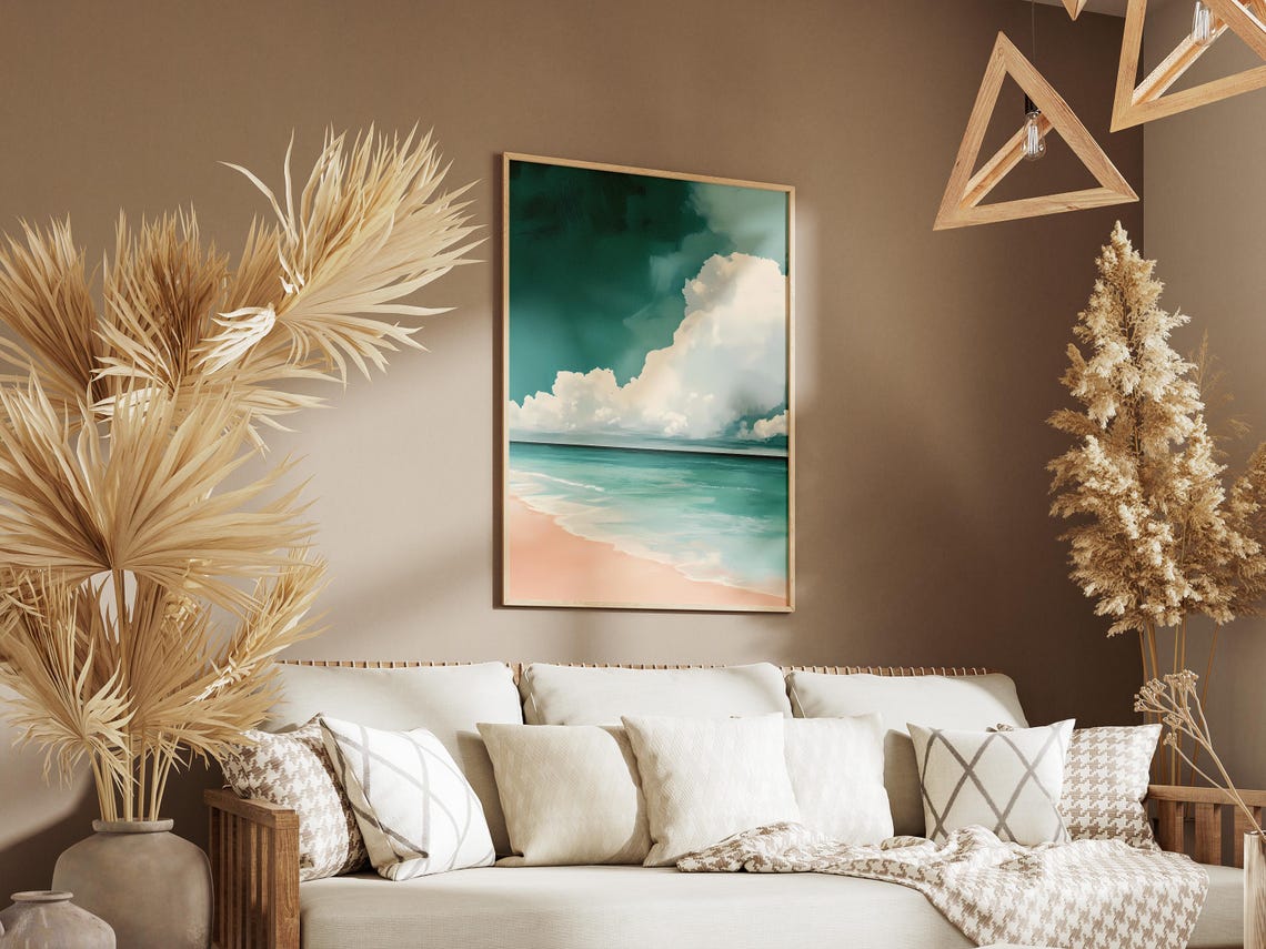 Dramatic Clouds Over Turquoise Ocean Beach Minimalist Art Poster - Image 3