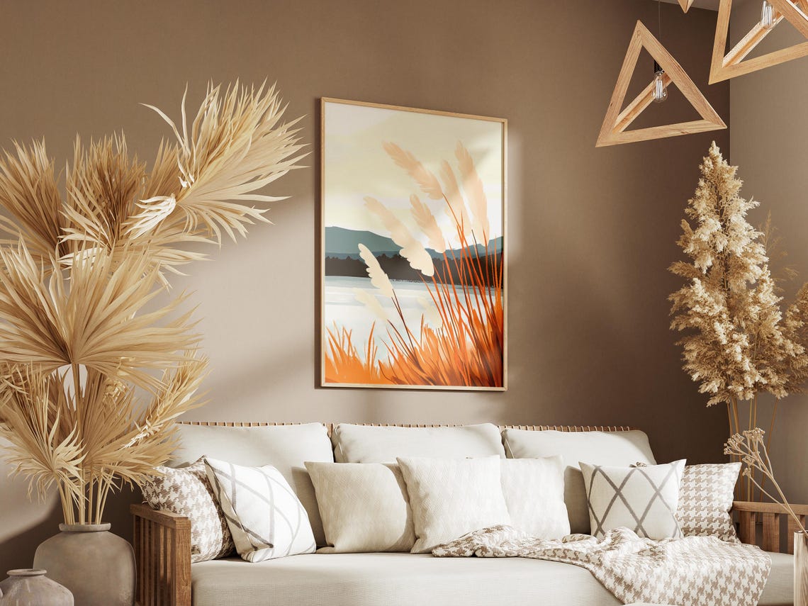 Autumn Pampas Grass By The Lake Golden Light Landscape Poster - Image 3