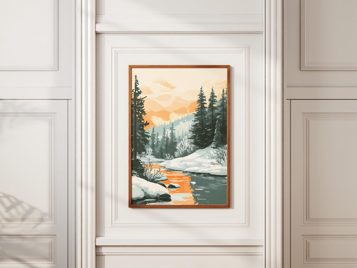 Winter Pine Forest Sunset Reflecting on a Frozen River Poster - Image 2