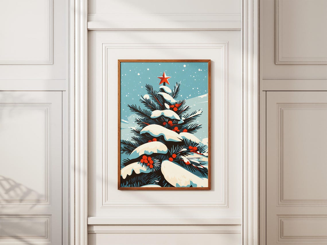 Snow-Covered Christmas Tree With Red Star Berries Holiday Poster - Image 2