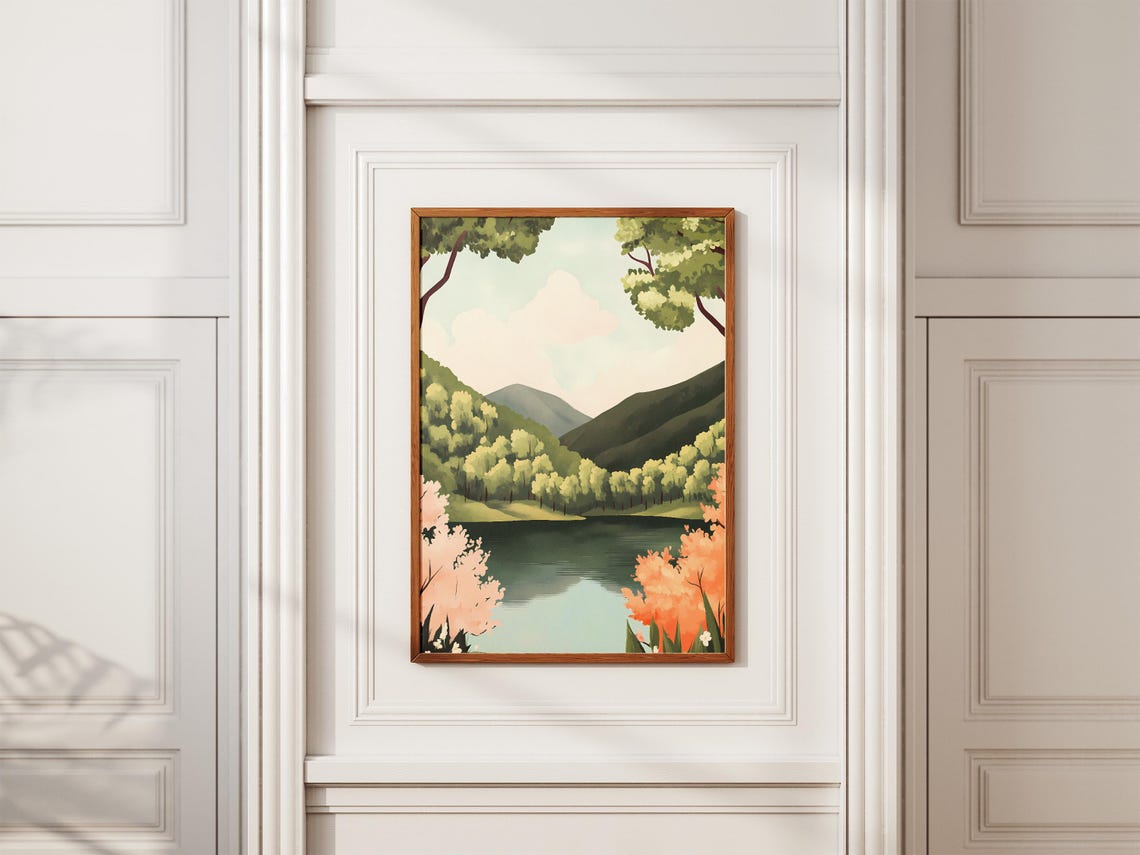 Spring Lake Between Green Hills Framed By Blossom Trees Poster - Image 2