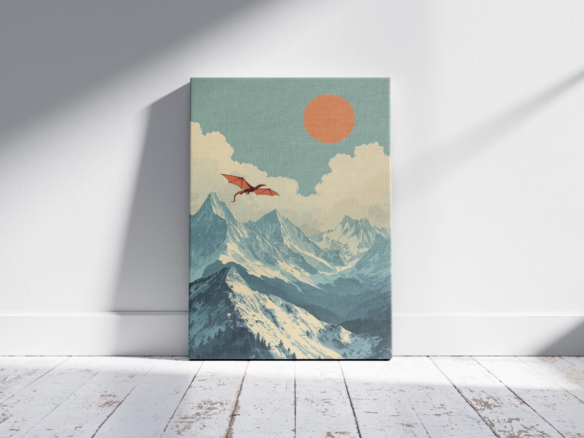 Dragon Flying Over Snowy Mountains Vintage Fantasy Travel Poster - Image 2