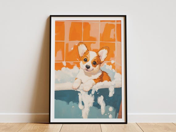 Corgi Puppy Art Print Bathroom Wall Decor Foamy Bathtub Poster Cute Dog Artwork Pet Portrait Lover Gift In Tub