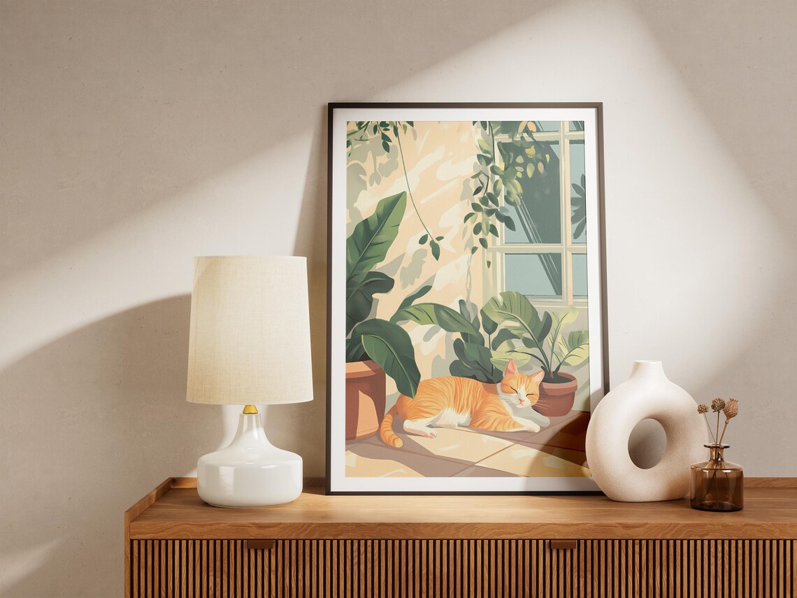 Orange Tabby Cat Sunbathing Among Terrace Houseplants Poster - Image 5