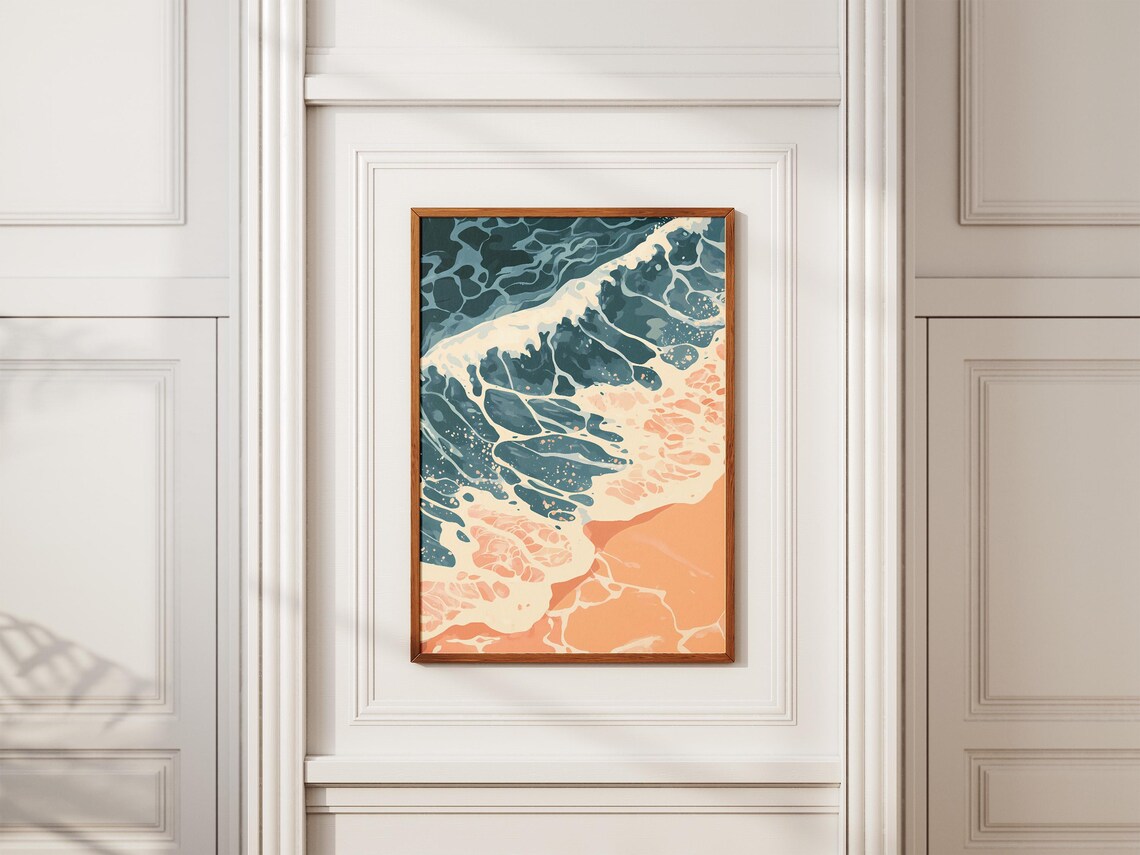 Aerial Ocean Foam Swirls in Teal and Peach on a Sandy Shore Poster - Image 2
