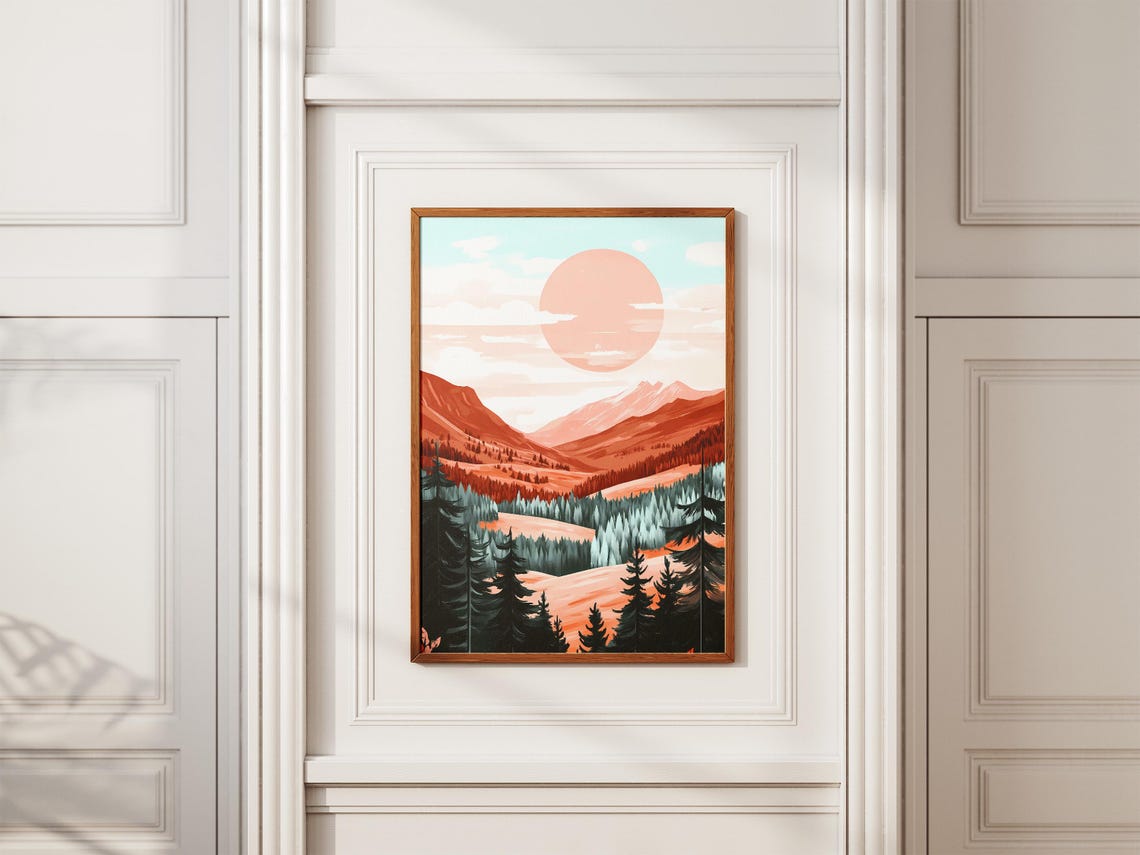 Peach Sunset Over Terracotta Mountain Valley Pine Forest Poster - Image 2