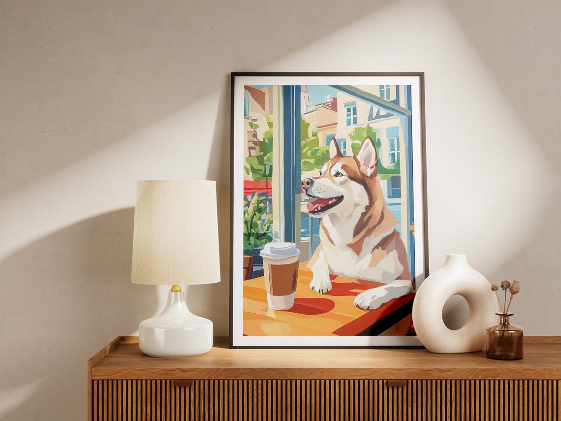Smiling Husky with Takeaway Coffee at Sunny Cafe Window Poster - Image 4