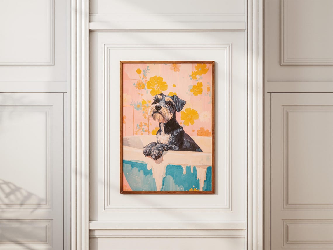 Miniature Schnauzer Bubble Bath Pink Floral Wallpaper Art Poster - Image 2