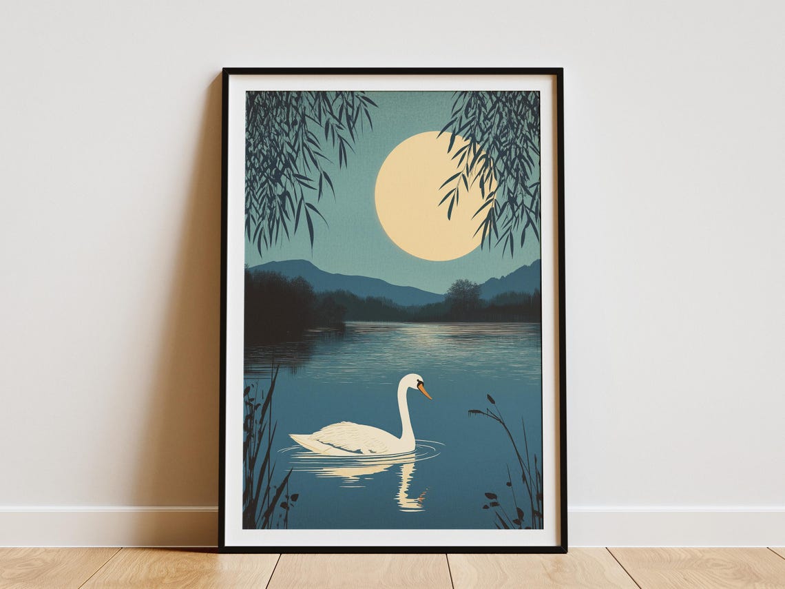 Swan Moonlit Lake Traditional Asian Style Serene Night Art Poster