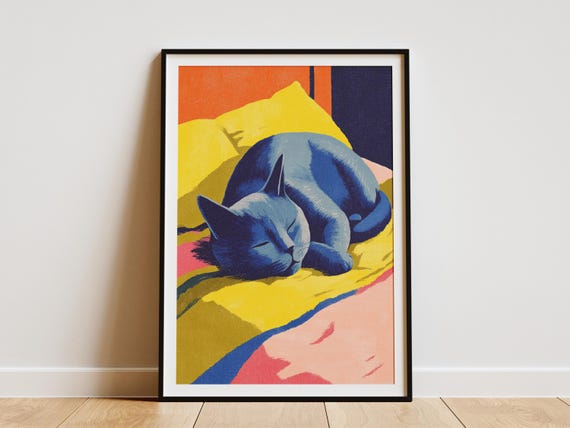 Matisse Style Russian Blue Cat Sleeping Art Print Cozy Feline Home Decor Vibrant Pet Portrait Abstract Animal Wall For Lovers