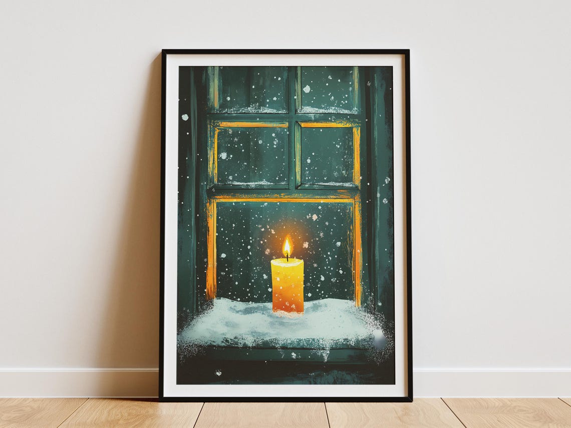 Lit Candle on a Snowy Windowsill in a Dark Teal Window Poster