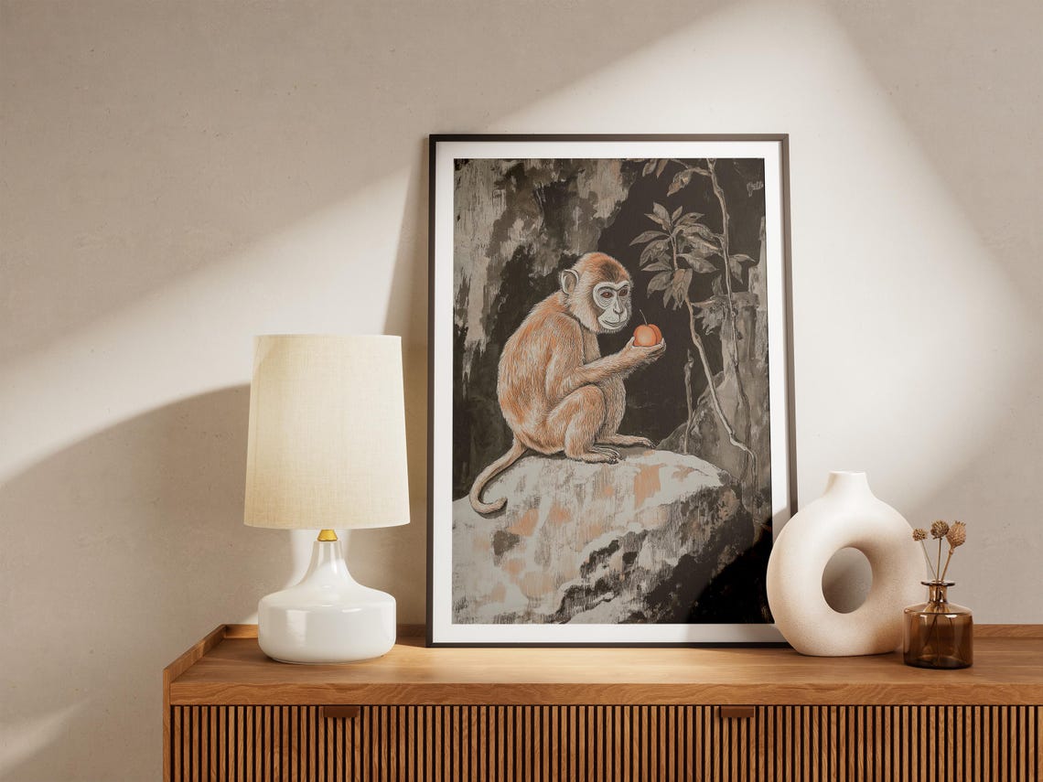 Monkey Holding a Peach on Rock Traditional Asian Ink Art Poster - Image 5