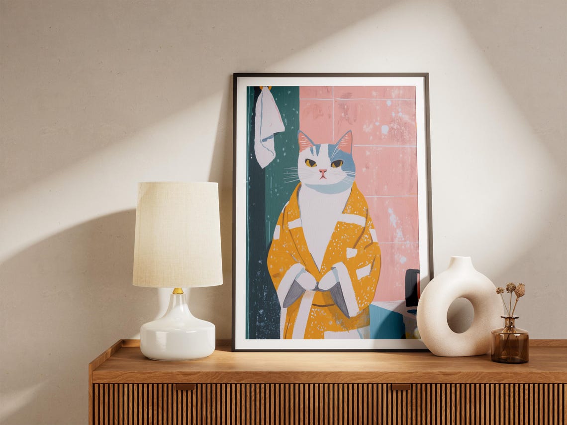 Turkish Van Cat Bathrobe Bathroom Art Print Funny Poster Whimsical Pet Portrait Lover Gift Wall Decor - Image 4