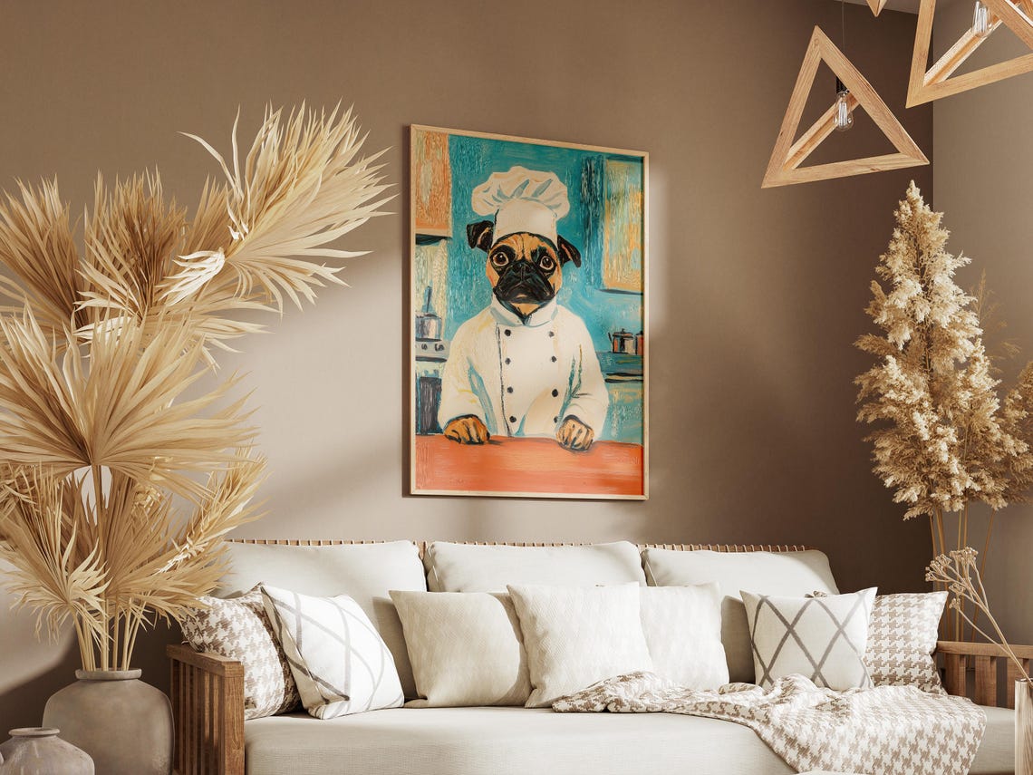 Pug Chef Whimsical Dog Portrait Painterly Kitchen Decor Poster - Image 3