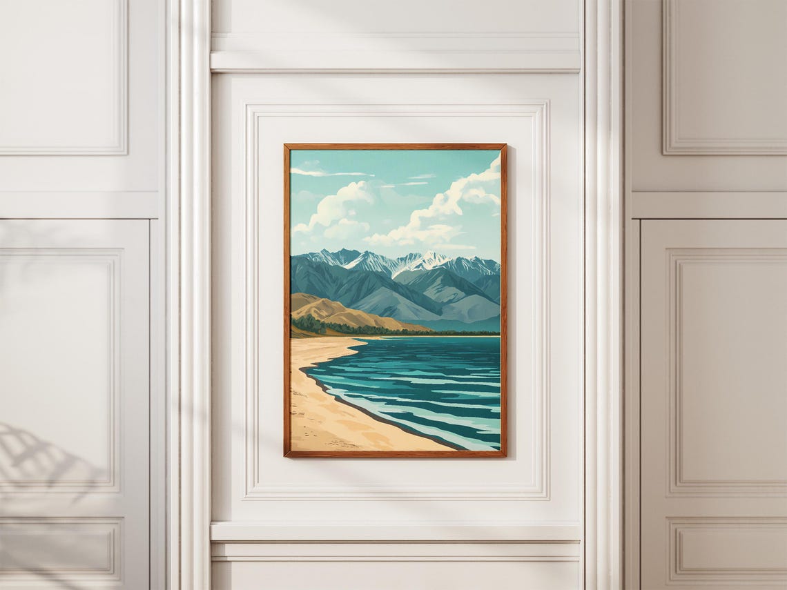 Issyk Kul Lake Kyrgyzstan Sandy Shore Mountain View Art Poster - Image 2