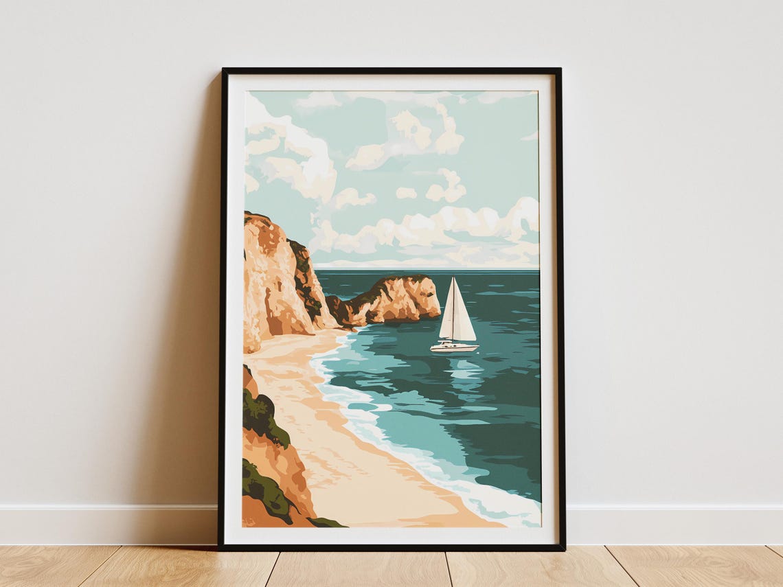 Sailboat Passing Sandy Beach Coastal Cliffs Landscape Poster