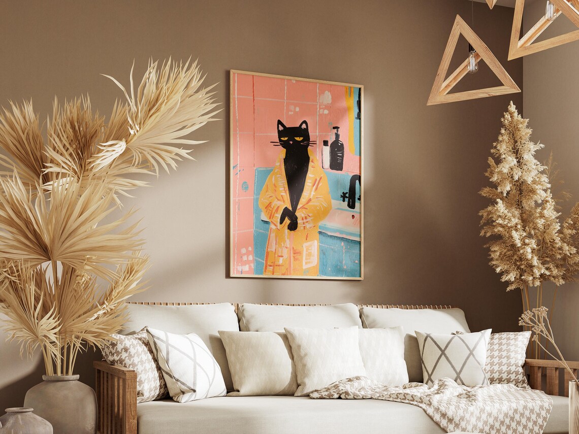 Black Cat in Yellow Bathrobe Pink Tile Bathroom Whimsical Cat Poster - Image 3