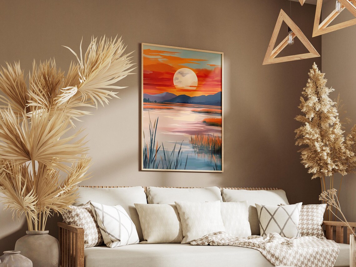 Big Bright Moonrise Over Reeds Water Mountain Lake Scene Poster - Image 3