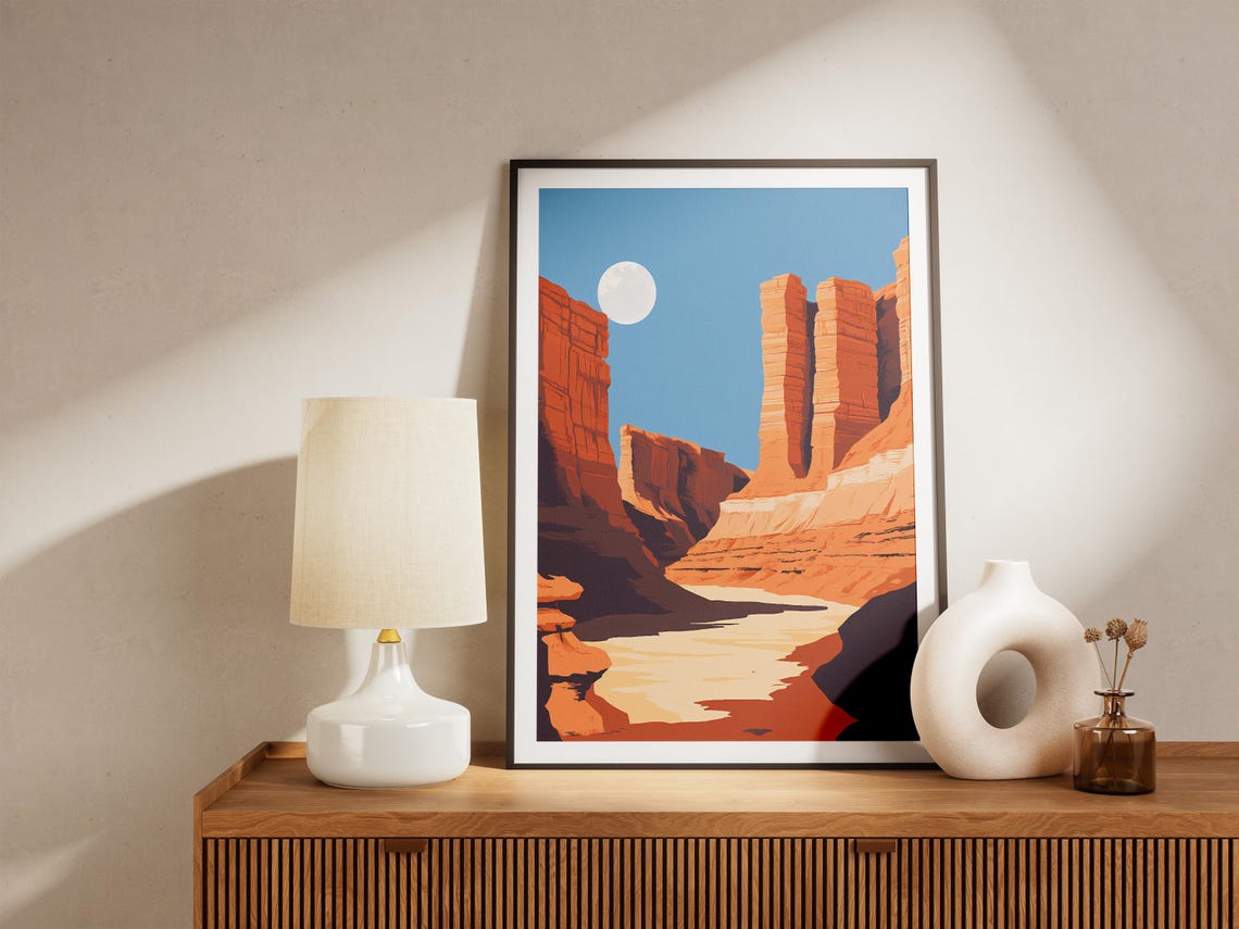 Red Sandstone Canyon Twin Pillars River White Moon Desert Poster - Image 5