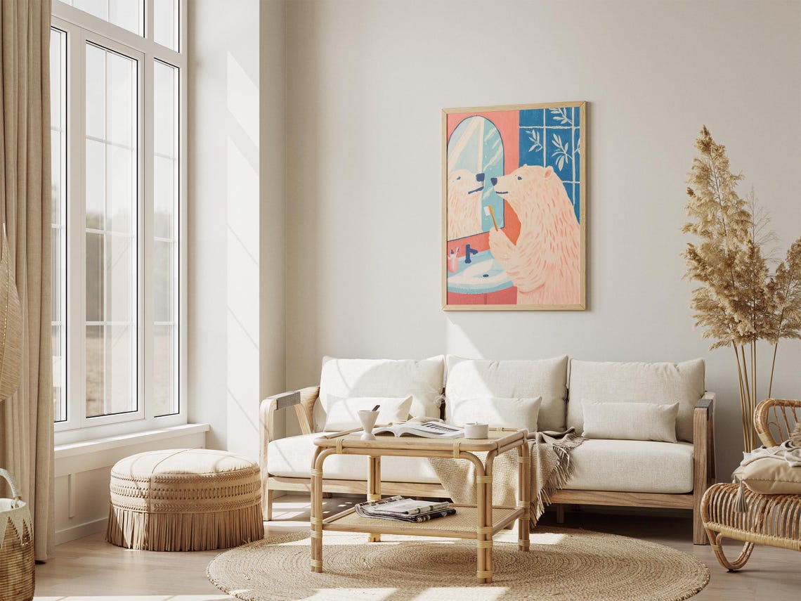 Polar Bear Brushing Teeth at Mirror Red Blue Bathroom Poster - Image 4