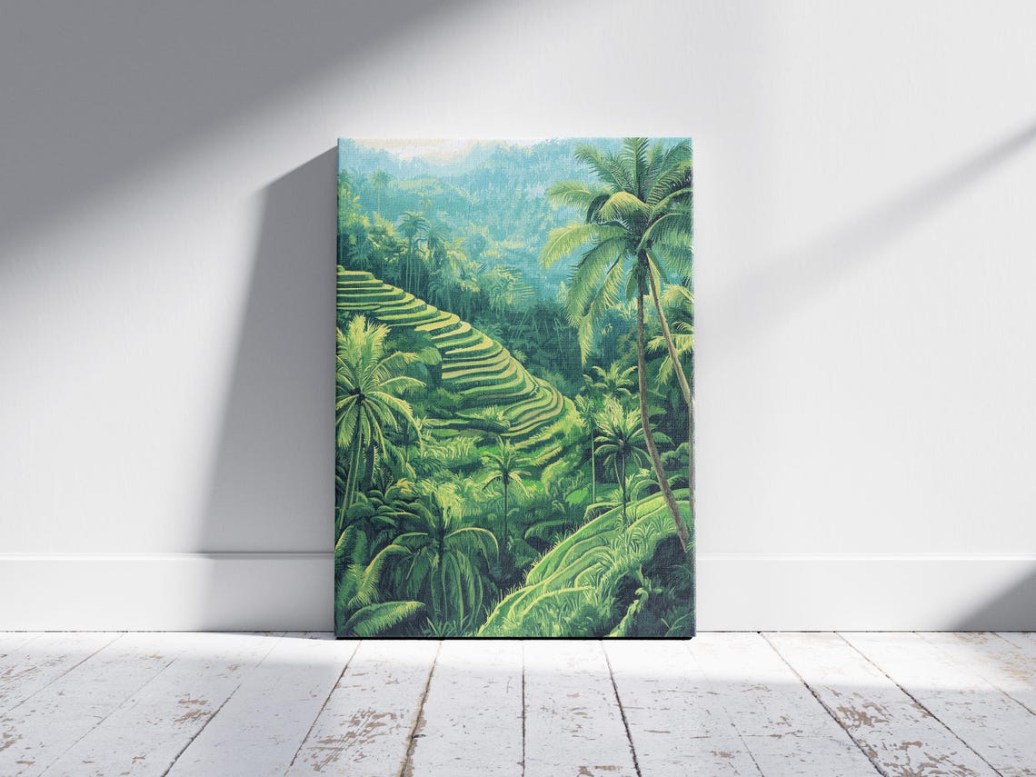 Lush Green Rice Terraces Tall Palm Trees Jungle Landscape Poster - Image 2