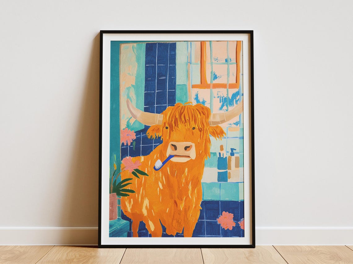 Fluffy Highland Cow Brushing Teeth Blue Tiled Bathroom Poster