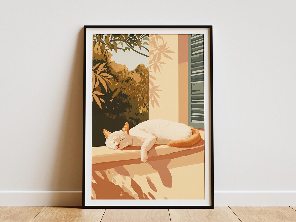White Cat With Ginger Tail Sunbathing On Sunny Terrace Poster