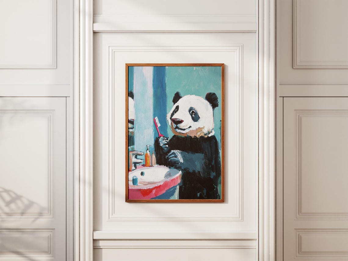 Panda Brushing Teeth at the Sink Funny Bathroom Art Wall Poster - Image 2