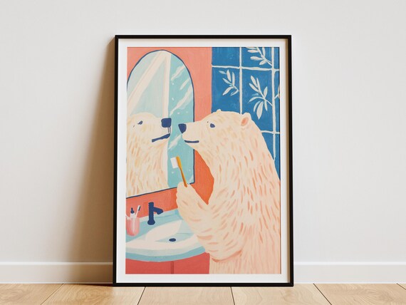 Polar Bear Brushing Teeth at Mirror Red Blue Bathroom Poster